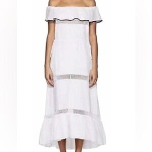 Kisuii “Olympia” White/Blue Off The Shoulder Ruffled Maxi Dress. Size XS.